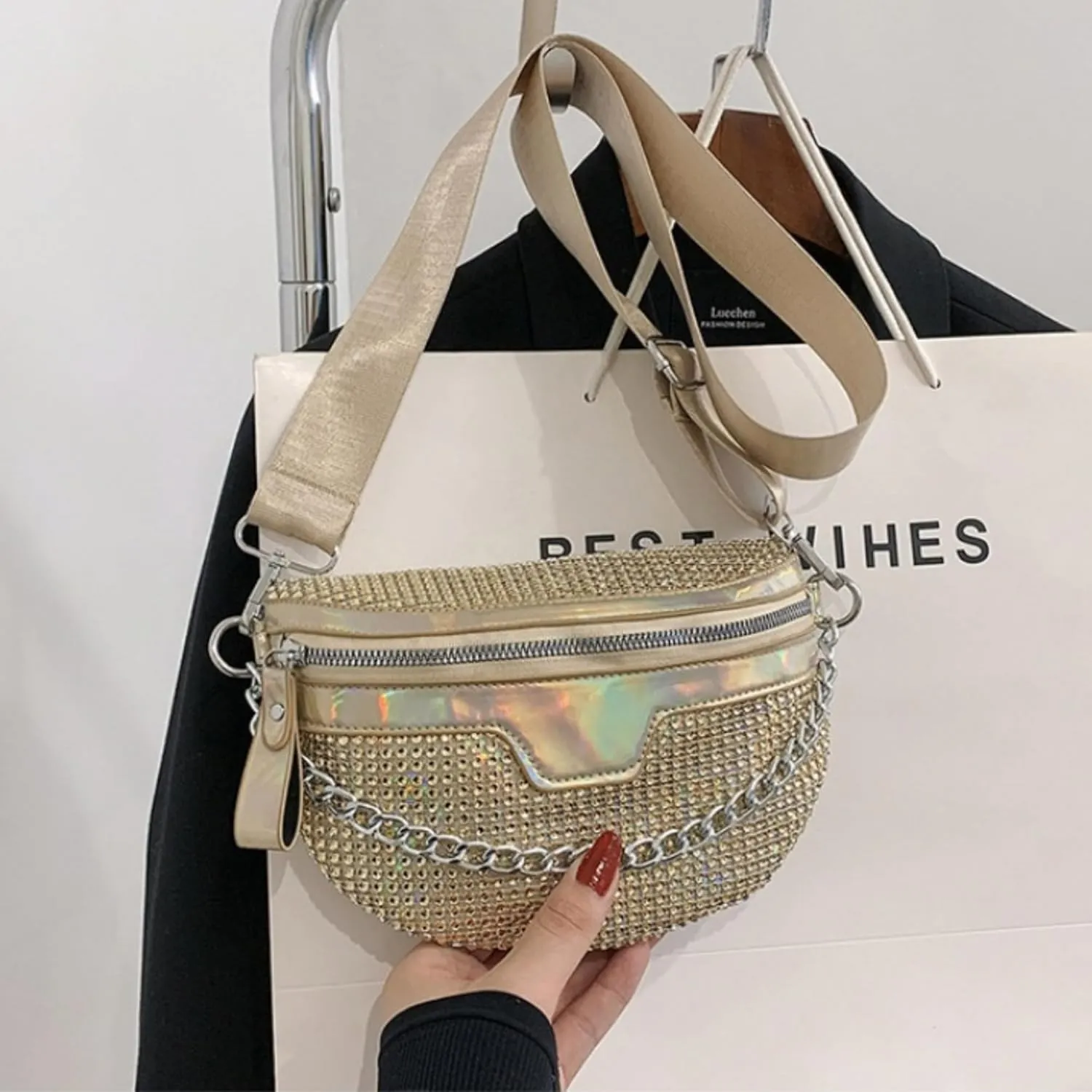 Rhinestone Chest Bag For Women Fanny Packs Belt Bags Crossbody Bags Waist Pouch Purse for Lady Party Outdoor Traveling Beach