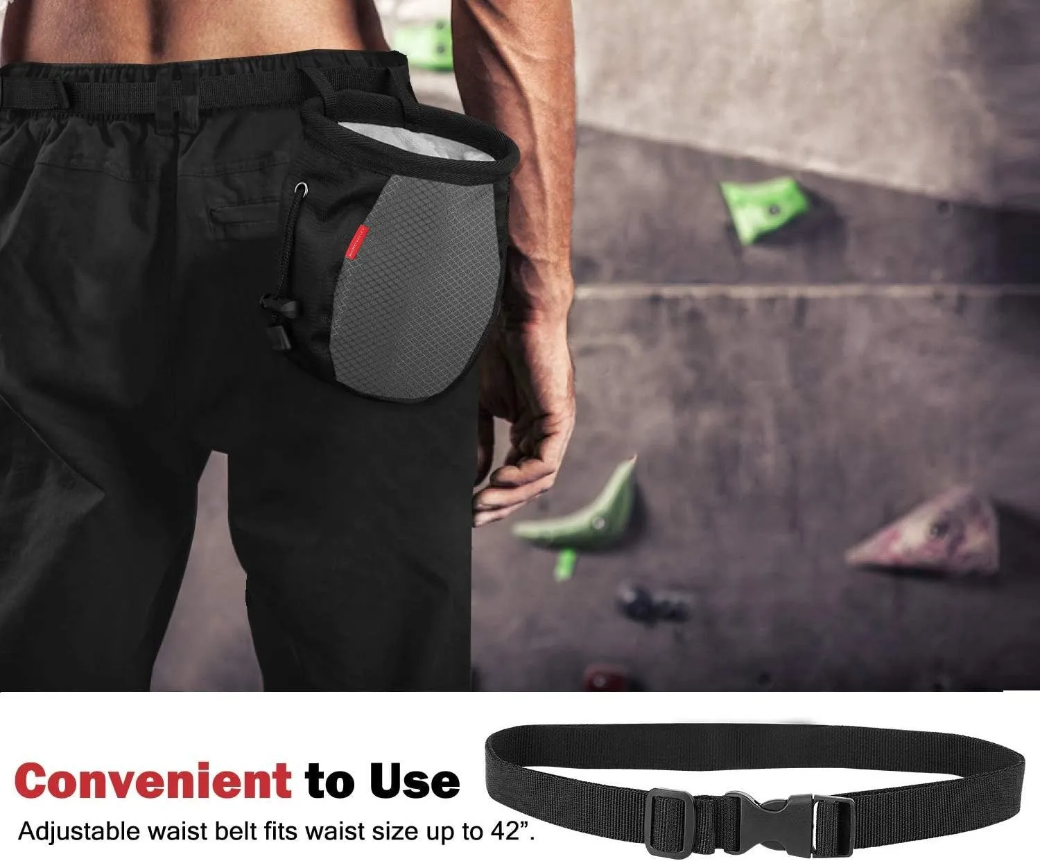 Rhino Valley Climbing Chalk Bag, No Leak Drawstring Chalk Bag with Adjustable Belt, Carabiner Clip and Zippered Pockets Chalk Bag for Climbing, Cross Fit, Weight Lifting & More