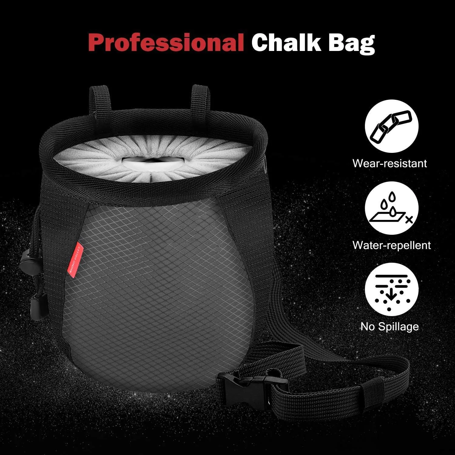 Rhino Valley Climbing Chalk Bag, No Leak Drawstring Chalk Bag with Adjustable Belt, Carabiner Clip and Zippered Pockets Chalk Bag for Climbing, Cross Fit, Weight Lifting & More