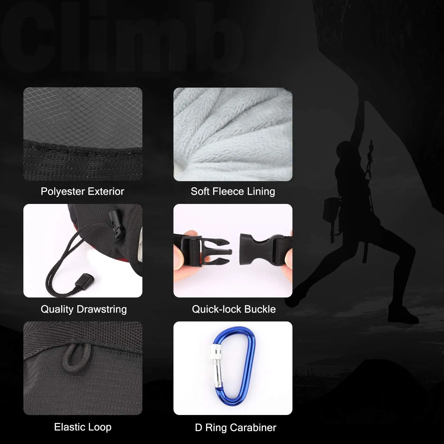Rhino Valley Climbing Chalk Bag, No Leak Drawstring Chalk Bag with Adjustable Belt, Carabiner Clip and Zippered Pockets Chalk Bag for Climbing, Cross Fit, Weight Lifting & More