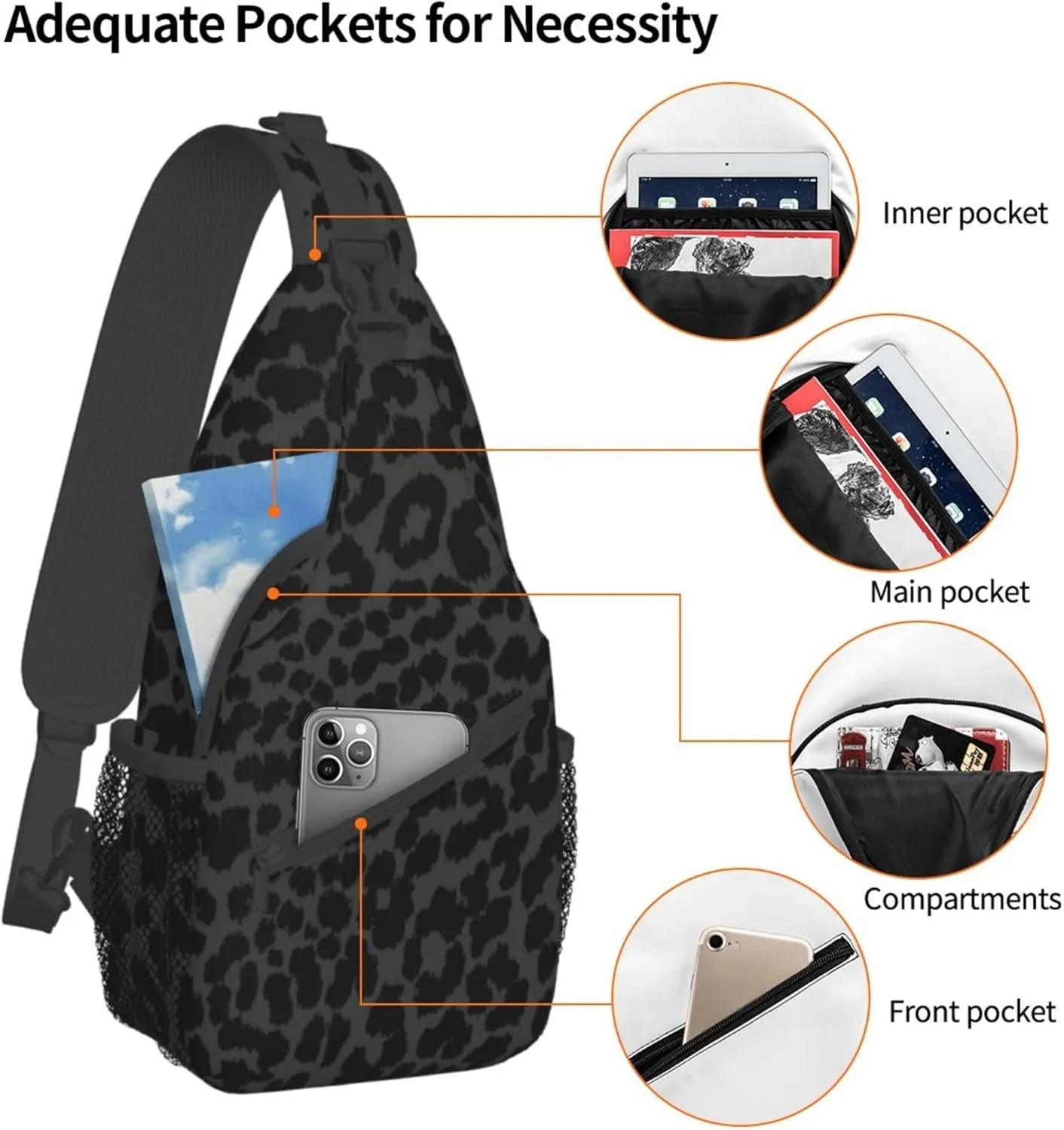 RIMENCH Fashion Sling Bag Waterproof Shoulder Backpack Lightweight Dark Gray Black Leopard Cheetah Print Chest Anti-Theft Crossbody Backpack Casual Outdoor
