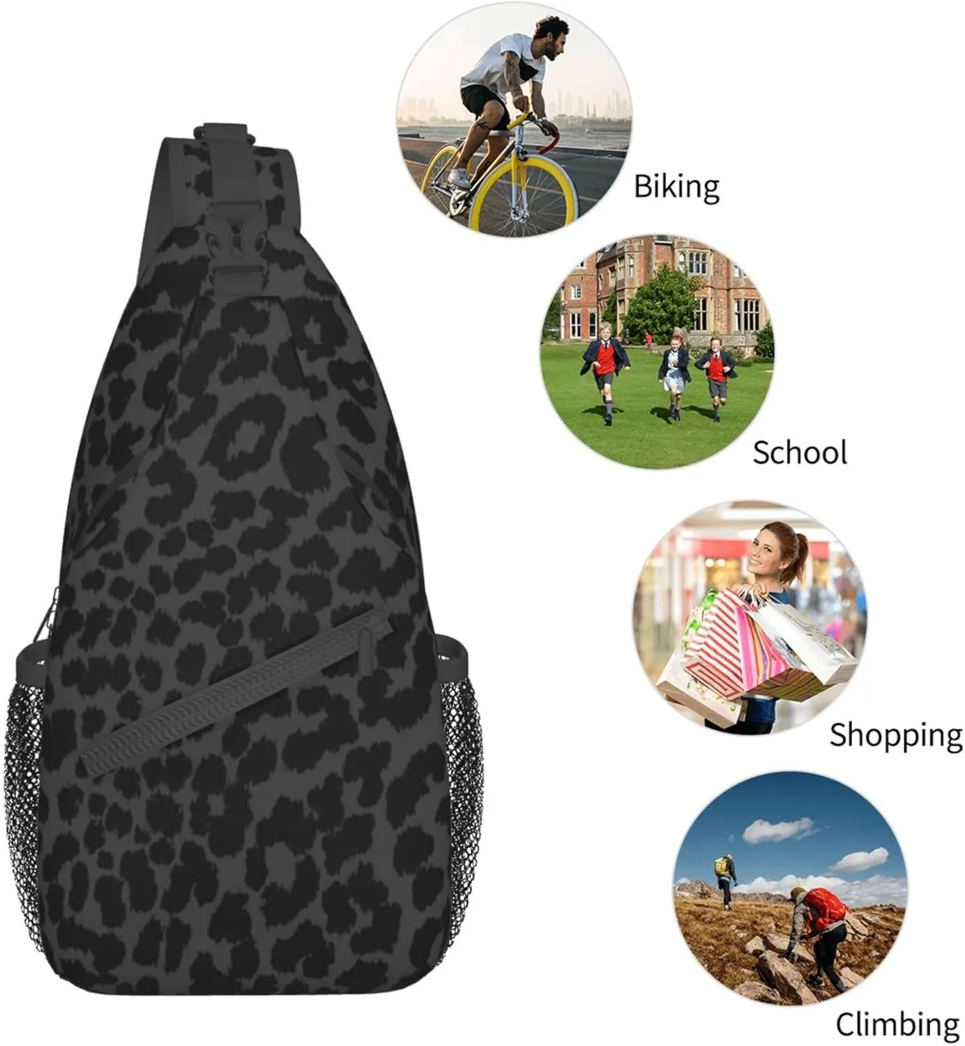 RIMENCH Fashion Sling Bag Waterproof Shoulder Backpack Lightweight Dark Gray Black Leopard Cheetah Print Chest Anti-Theft Crossbody Backpack Casual Outdoor