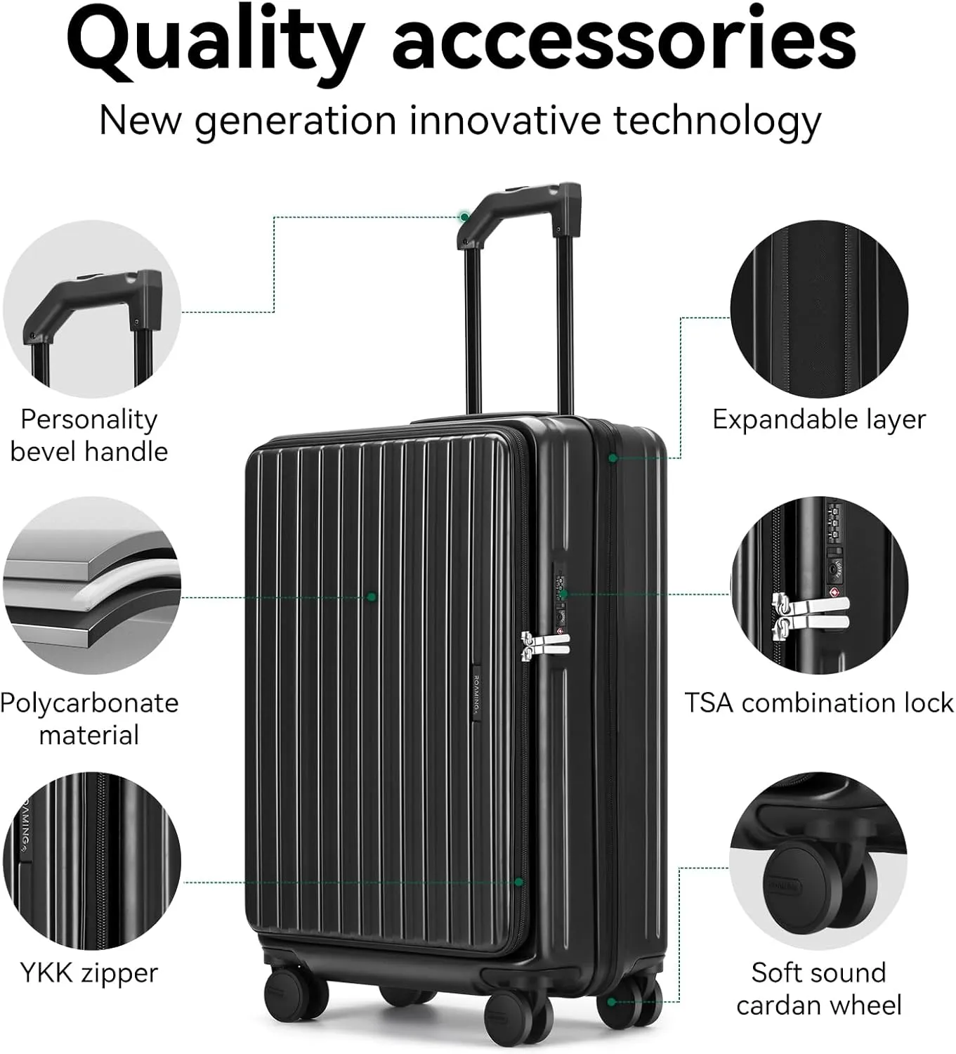 ROAMING 20 Inch Carry On Luggage Hard Shell Suitcases with Wheels Cup Holder Tsa Approved Luggage Suitcase Travel Luggage for Women Men Rolling Luggage Bags for Business Trip Weekender-Black