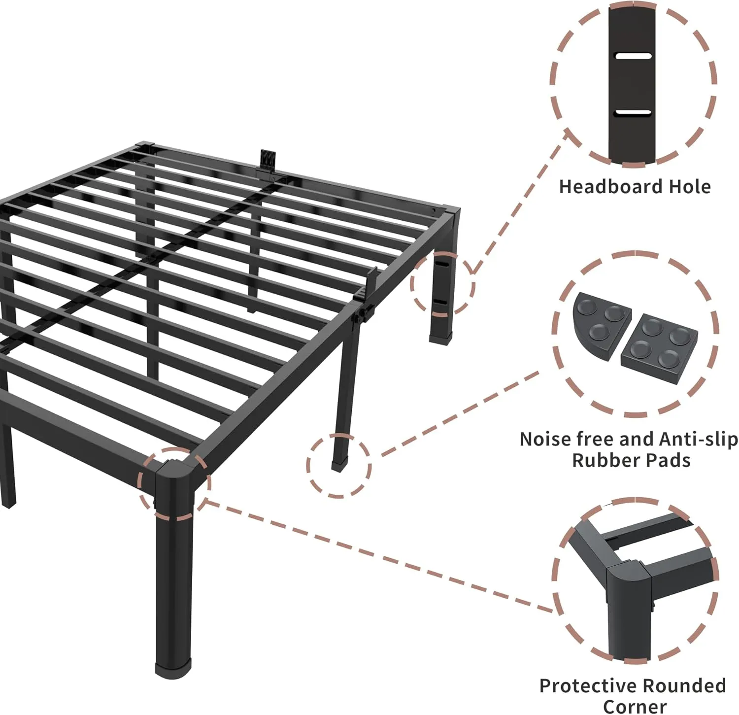 ROIL 14 inch Full Size Bed Frame with Headboard Hole and Round Corner Legs Mattress Retainers 3500LBS Heavy Duty Steel Slats No Box Spring Needed Platform Noise-Free Underneath Storage
