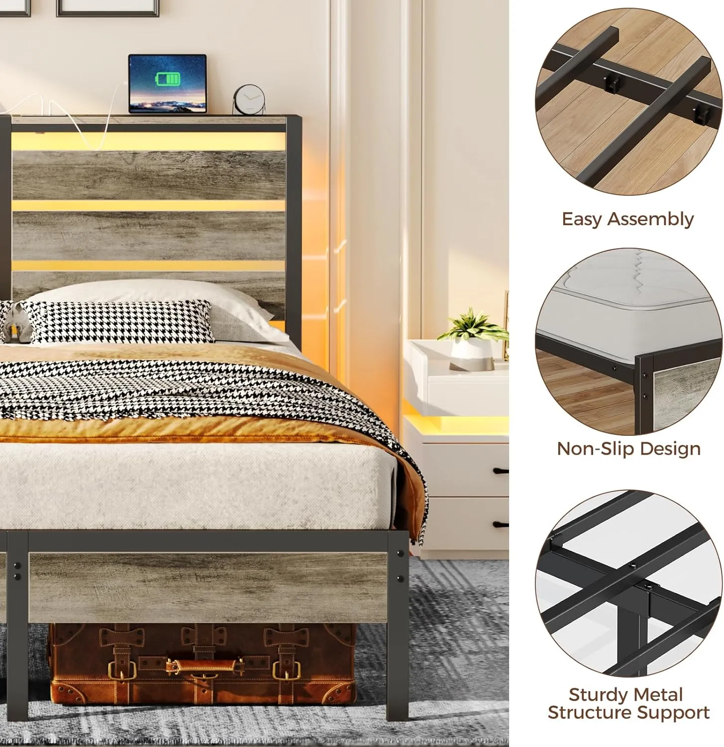 Rolanstar Bed Frame Twin Size with USB Charging Station, LED Bed Frame with Wood Storage Headboard, Light Grey Metal Platform Bed with Under Bed Storage, No Box Spring Needed, Noise Free