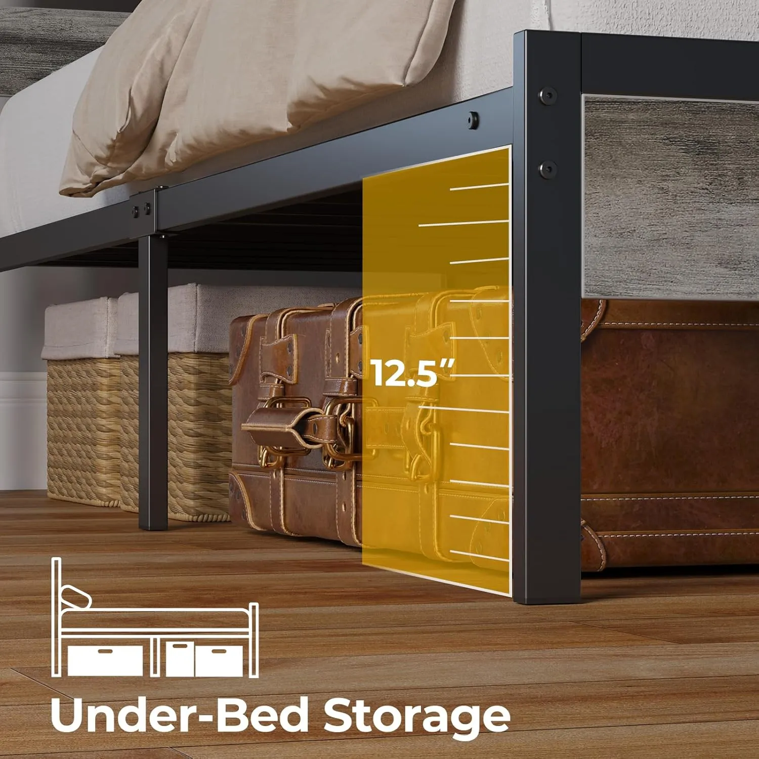 Rolanstar Bed Frame Twin Size with USB Charging Station, LED Bed Frame with Wood Storage Headboard, Light Grey Metal Platform Bed with Under Bed Storage, No Box Spring Needed, Noise Free