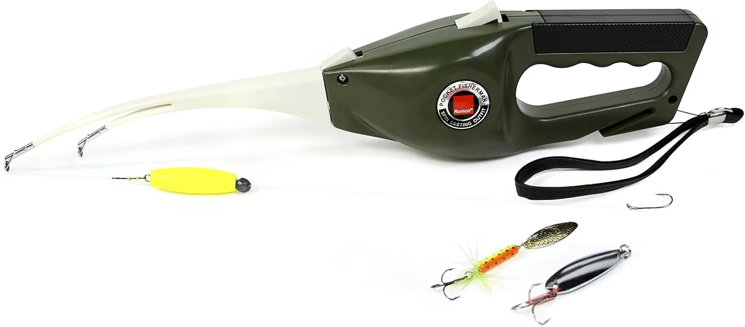 Ronco Pocket Fisherman All-in-One Portable Rod and Reel Combo Spin Casting Outfit, Foldable and Compact, Mini Tackle Box in Handle, Great for Kids and Adults