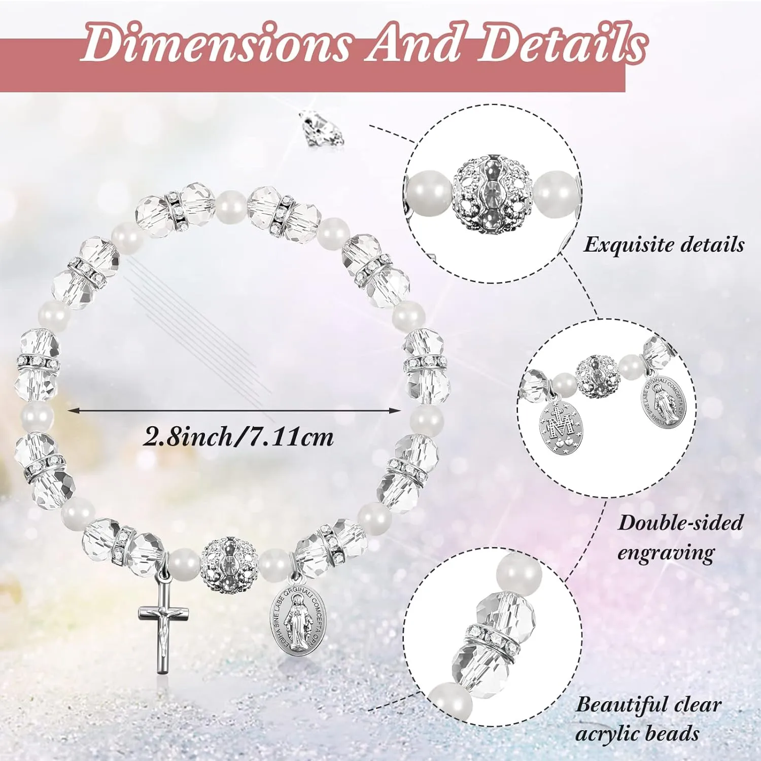 Rosary Bracelet Bulk with Mesh Bags, White Religious Rosary Bead Bracelet Catholic Bracelets, Baptism First Communion Gifts for Women