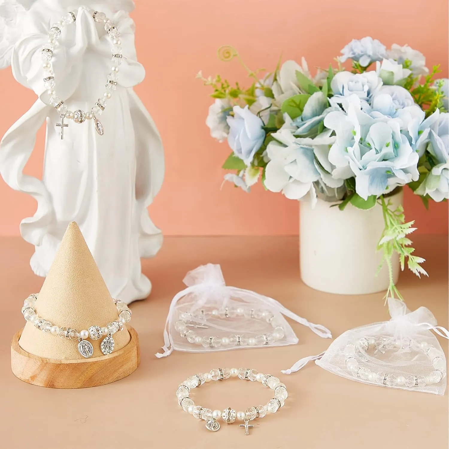 Rosary Bracelet Bulk with Mesh Bags, White Religious Rosary Bead Bracelet Catholic Bracelets, Baptism First Communion Gifts for Women