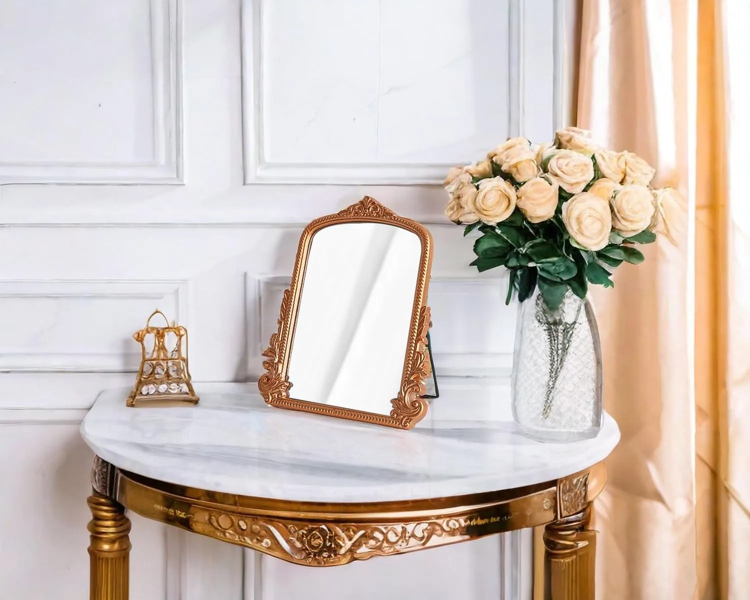 Rose Gold Makeup Mirror, Small Standing Vanity Desk Mirror Decorative Ornate Arched Desk Mirror with Carved Wood Frame, for Bedrooms,Living Rooms Table Top and Salon 11.8" x 9.6"