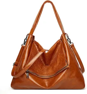 ROUROU Hobo Tote Bag for Women Oil wax leather Handbag Crocodile Print Shoulder Bag Zipper Closure Crossbody Bag