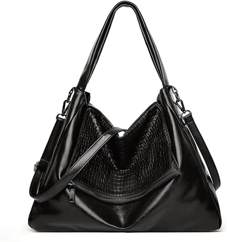 ROUROU Hobo Tote Bag for Women Oil wax leather Handbag Crocodile Print Shoulder Bag Zipper Closure Crossbody Bag