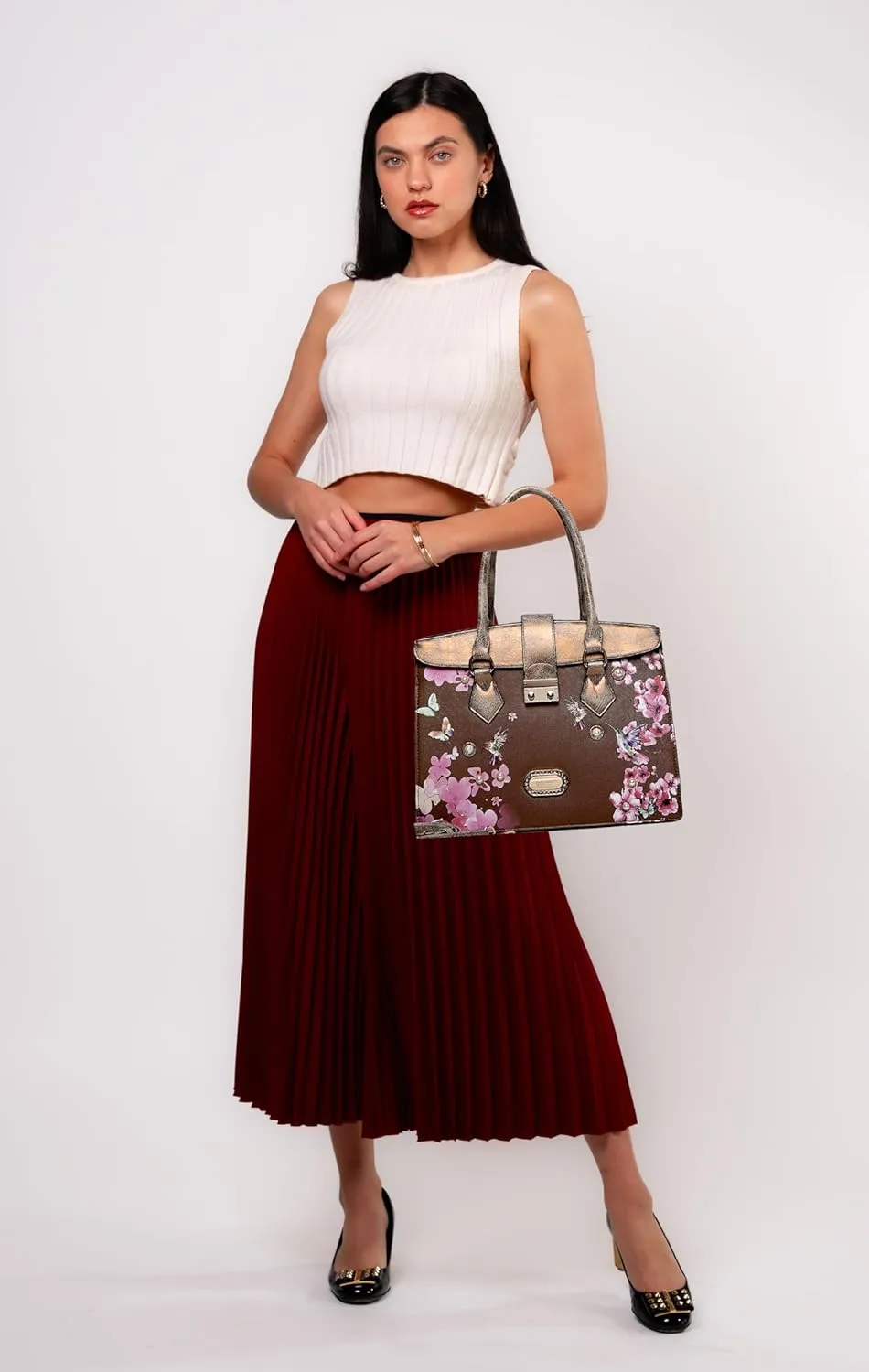 Royal Blossom Designer Satchel - Luxurious Leather Handbag with Pearl & Crystal Accents and Floral Embellishment