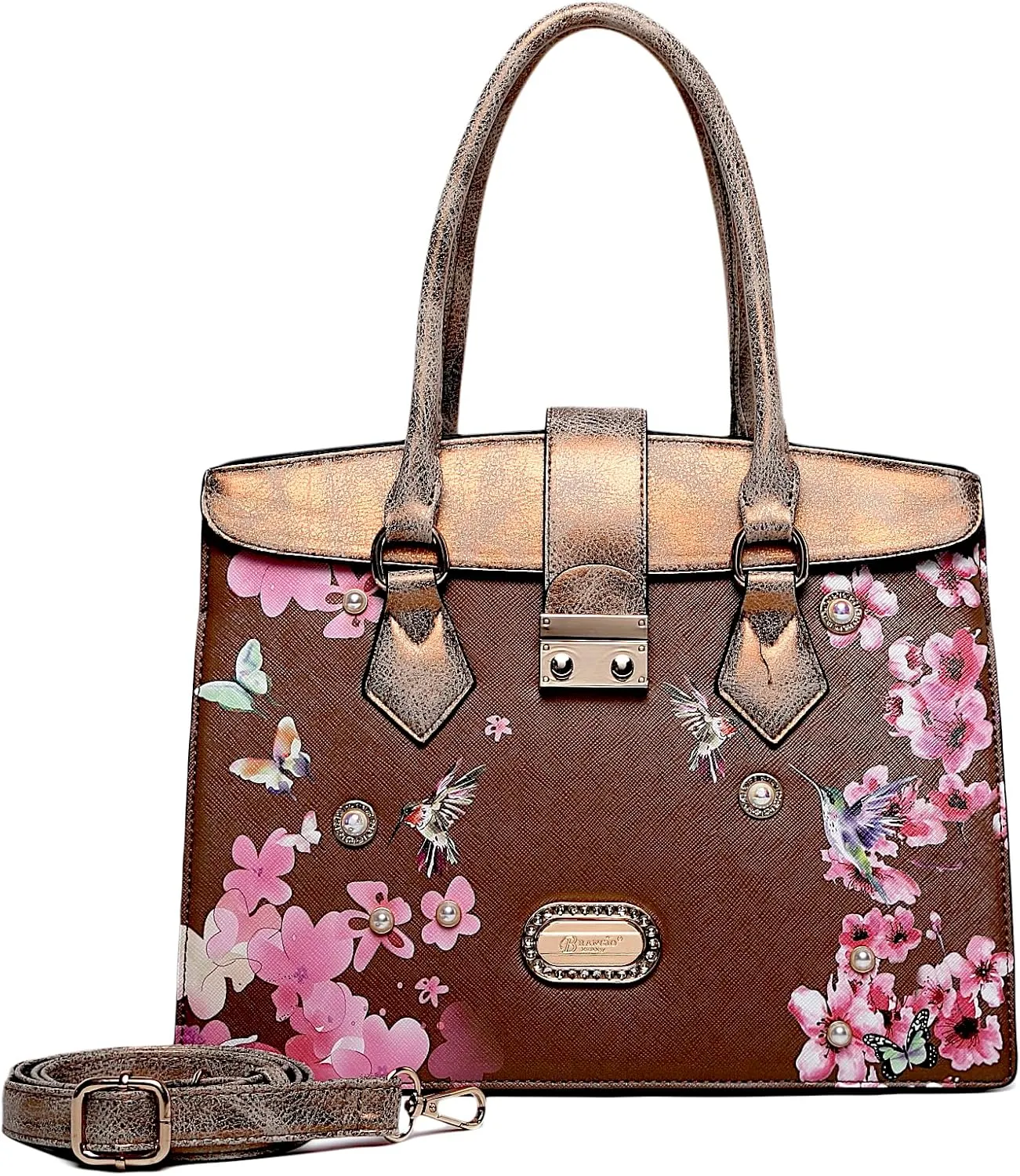 Royal Blossom Designer Satchel - Luxurious Leather Handbag with Pearl & Crystal Accents and Floral Embellishment