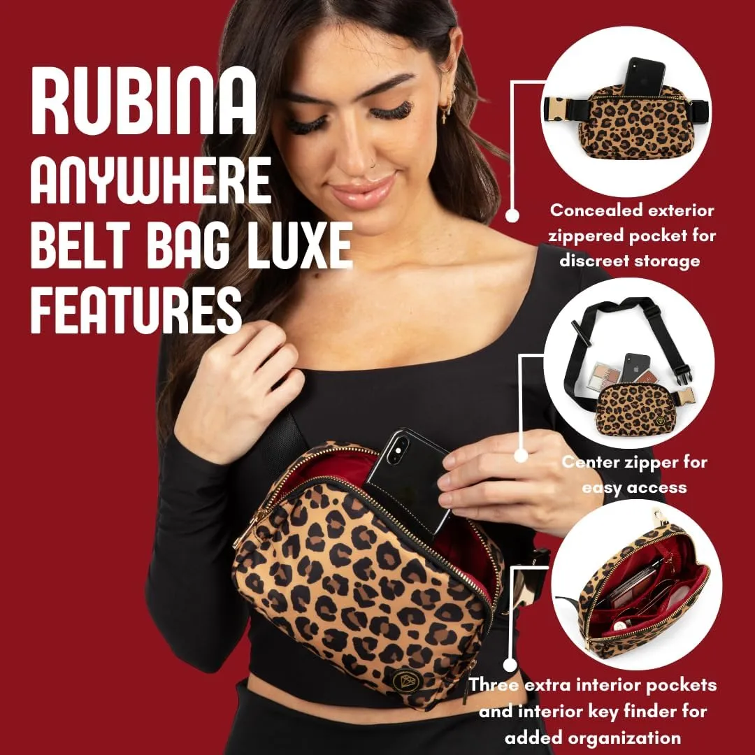 Rubina Anywhere Belt Bag LUXE | Crossbody Bag for Women | Unisex Hip Waist Pack for Hiking, Workout, Running, Traveling, Festivals | Chest Bag | Adjustable Strap | Metal Buckle | Rosette (Leopard)