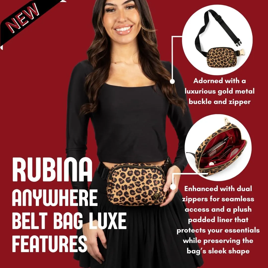 Rubina Anywhere Belt Bag LUXE | Crossbody Bag for Women | Unisex Hip Waist Pack for Hiking, Workout, Running, Traveling, Festivals | Chest Bag | Adjustable Strap | Metal Buckle | Rosette (Leopard)