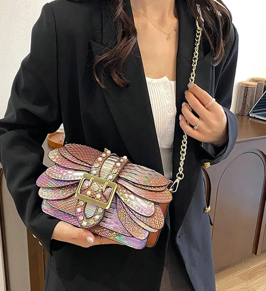 Rungion Womens Small Crossbody Bags Snake Print Handbags Vegan Leather Shoulder Purse Trendy Ladies Party Clutch Satchel