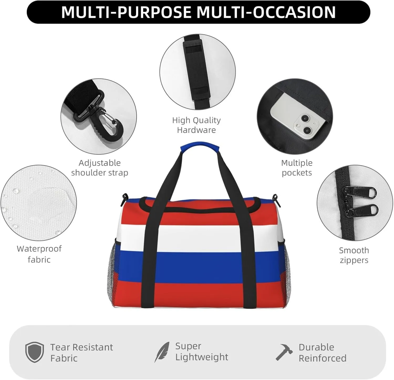 Russian Flag Travel Bag, Weekender Bags For Women Men For Outdoor Adventures, Ideal For Camping And Hiking