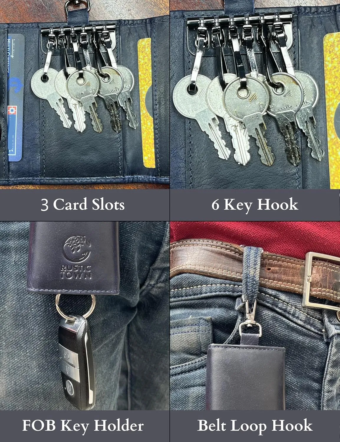 RUSTIC TOWN Leather Key Holder - Smart Fob Car Key Loop Wallet Slim Keychain Pouch - Practical Key Organizer for Men & Women
