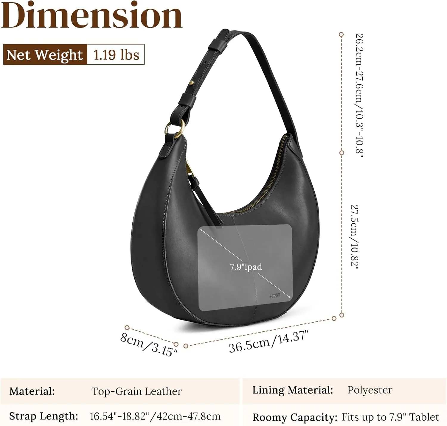 S-ZONE Top Grain Leather Shoulder Bags for Women Hobo Crescent Bag Handbags Purse