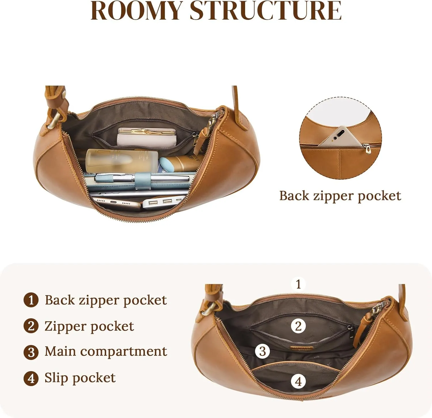 S-ZONE Top Grain Leather Shoulder Bags for Women Hobo Crescent Bag Handbags Purse