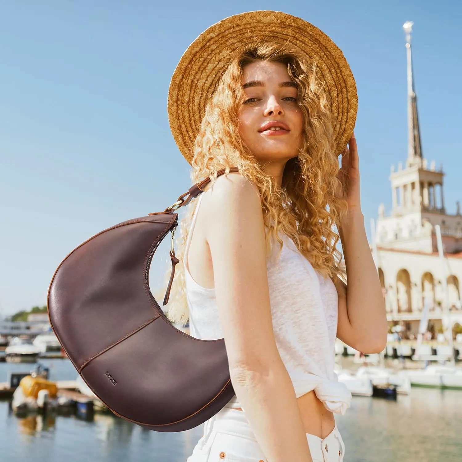 S-ZONE Top Grain Leather Shoulder Bags for Women Hobo Crescent Bag Handbags Purse