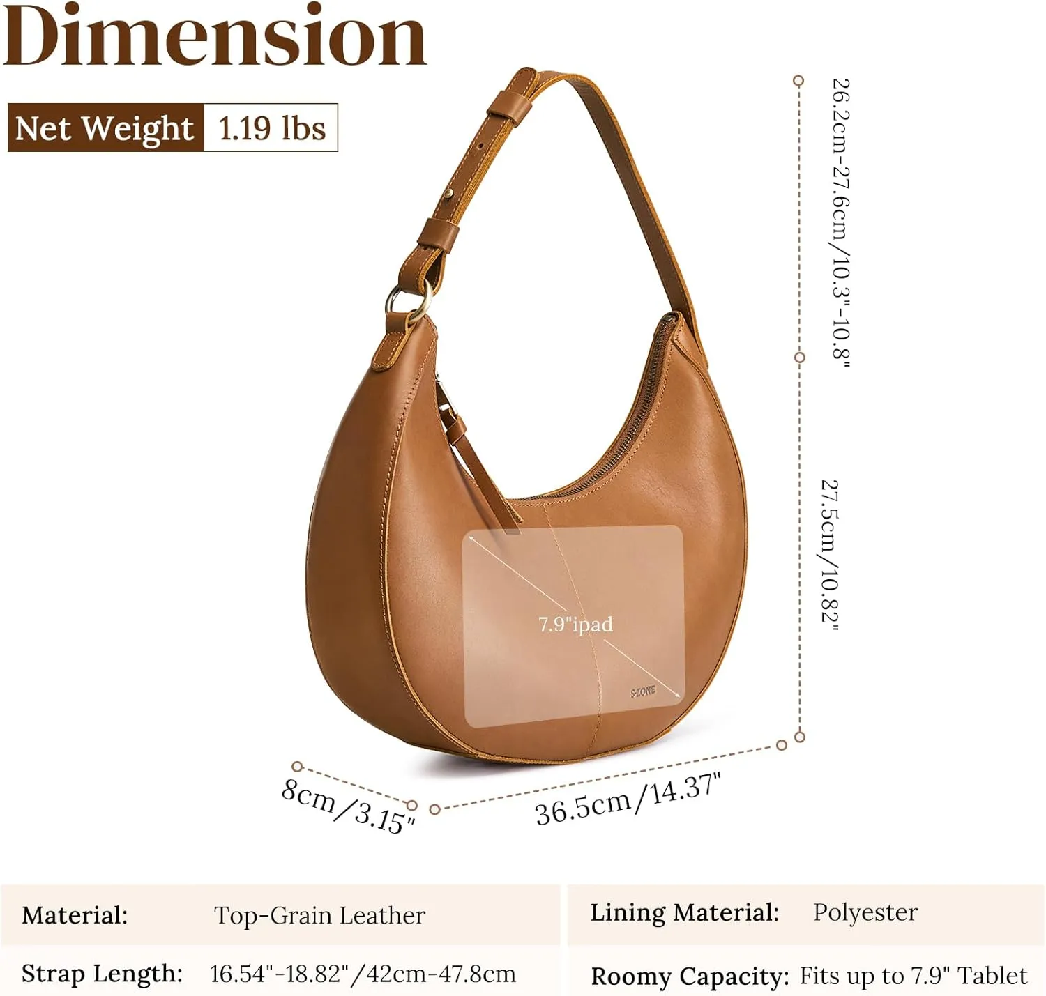 S-ZONE Top Grain Leather Shoulder Bags for Women Hobo Crescent Bag Handbags Purse
