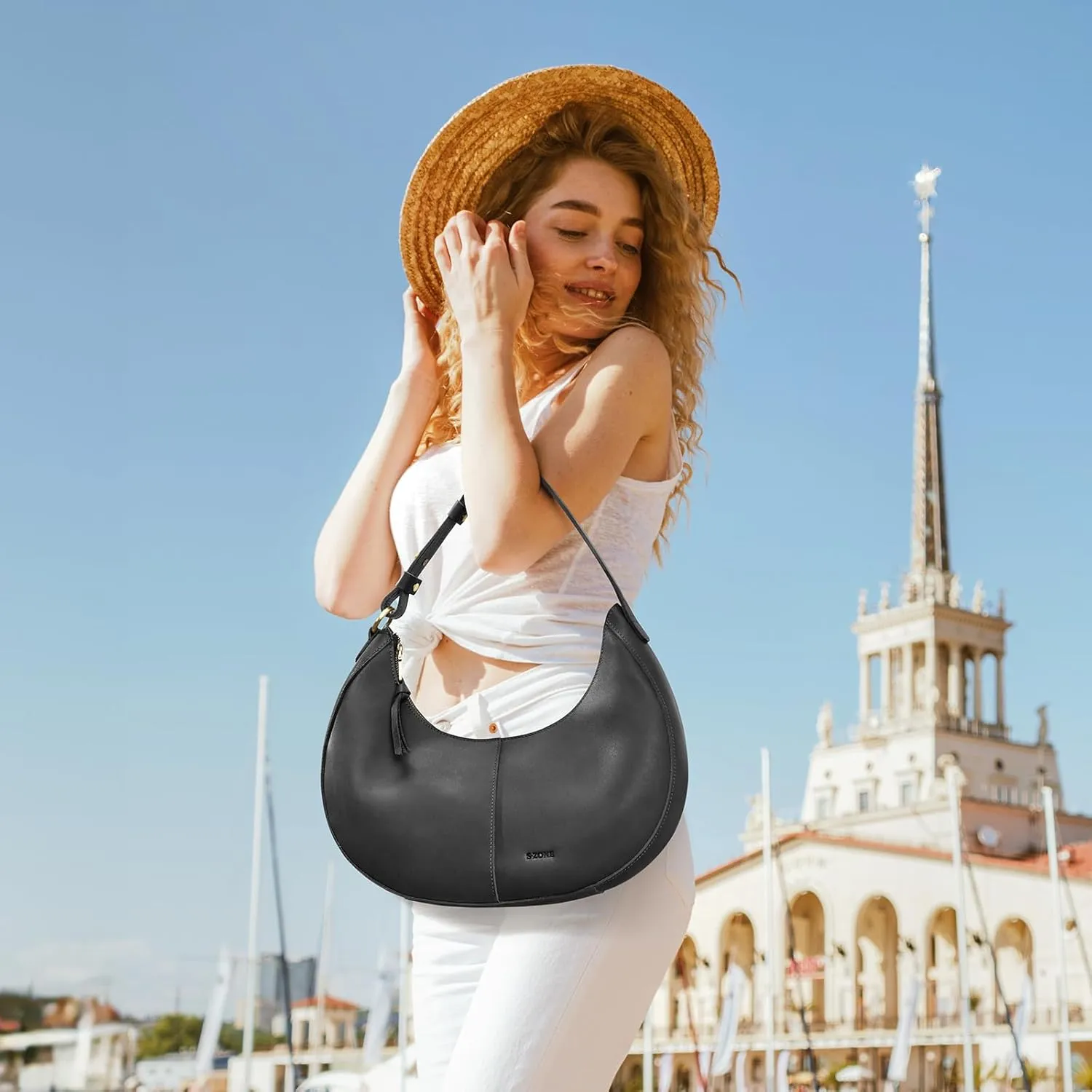 S-ZONE Top Grain Leather Shoulder Bags for Women Hobo Crescent Bag Handbags Purse