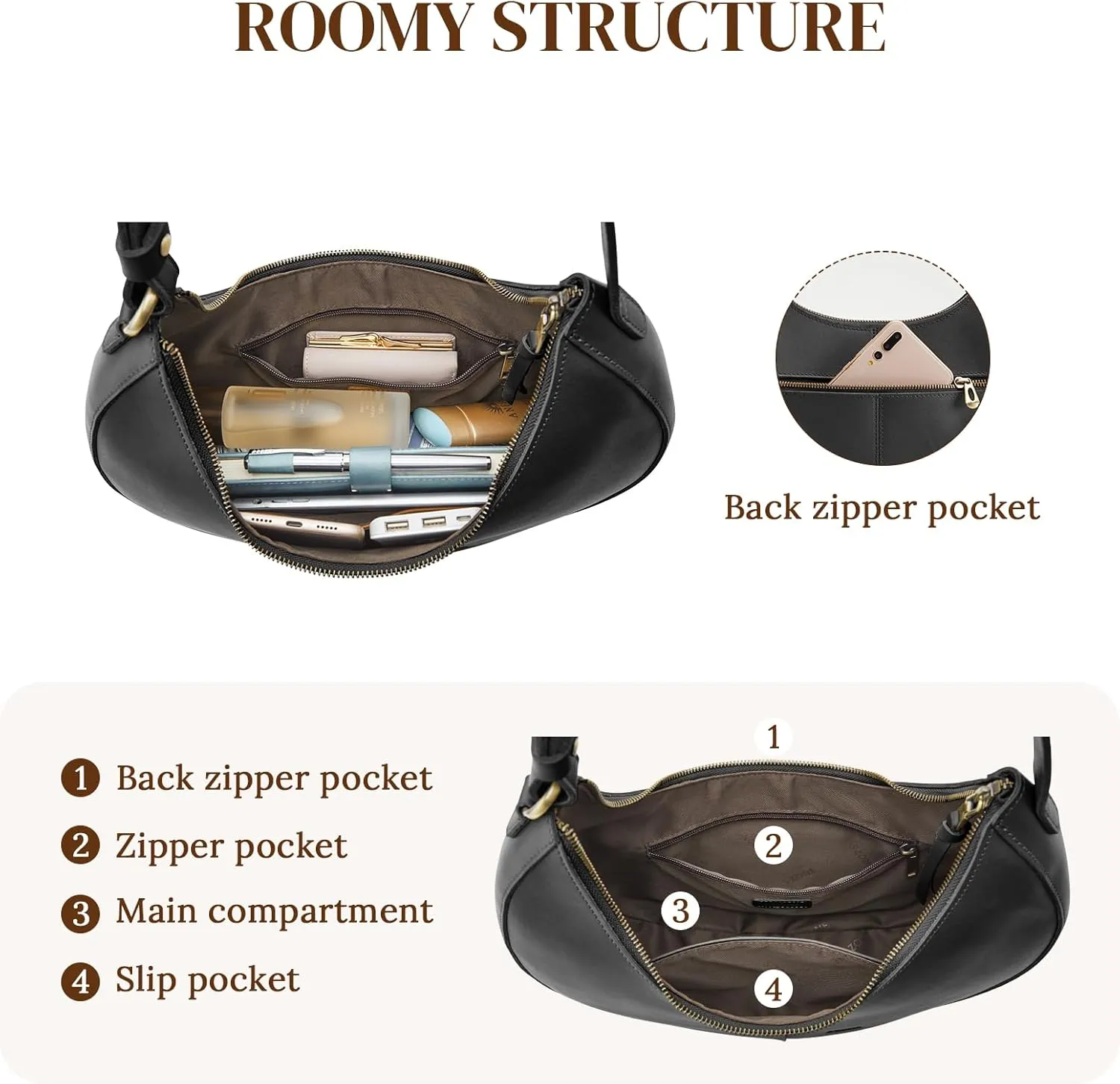 S-ZONE Top Grain Leather Shoulder Bags for Women Hobo Crescent Bag Handbags Purse