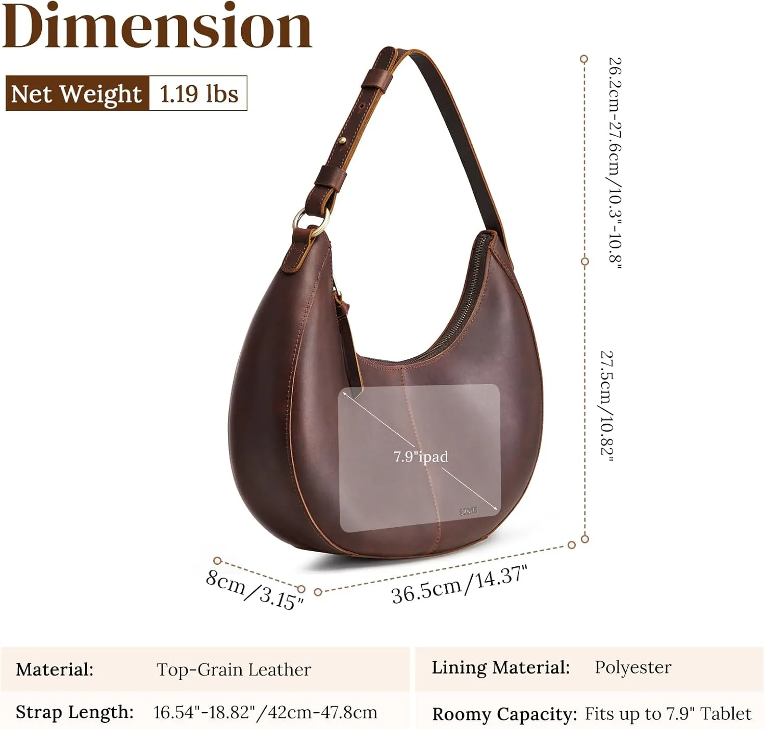 S-ZONE Top Grain Leather Shoulder Bags for Women Hobo Crescent Bag Handbags Purse