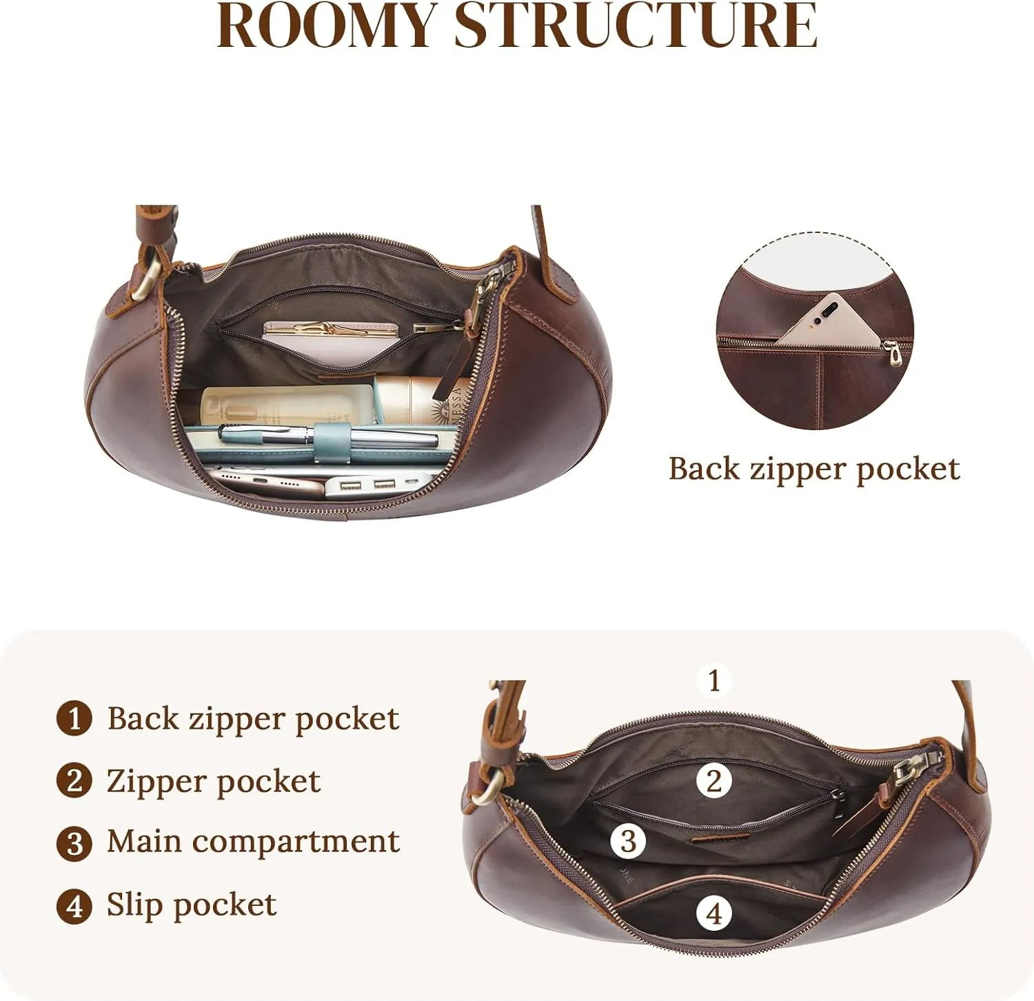 S-ZONE Top Grain Leather Shoulder Bags for Women Hobo Crescent Bag Handbags Purse