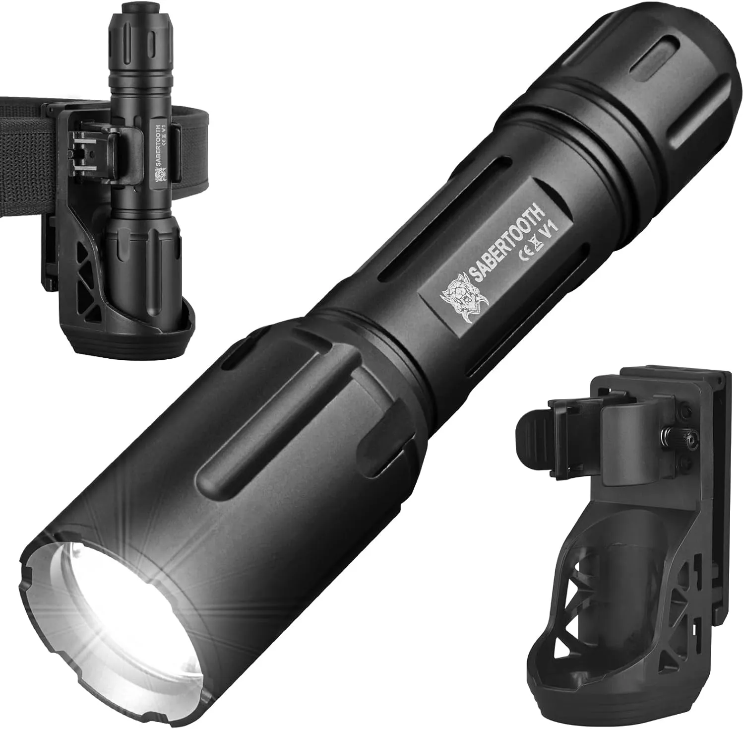 SABERTOOTH Police Tactical Flashlight-2200 High Lumen Duty Belt Flashlight for Law Enforcement Defense Single Mode Flashlight with Holster Tactical Gear Safety Accessories(Black)
