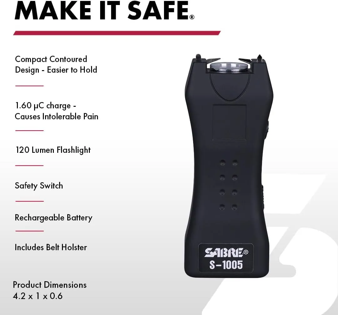SABRE 2-in-1 Stun Gun and Flashlight and Belt Holster, Emits 1.60 Powerful Pain Inducing Microcoulombs (µC) Charge, 120 Lumen LED Flashlight, Rubberized Grip, Compact Design, Rechargeable
