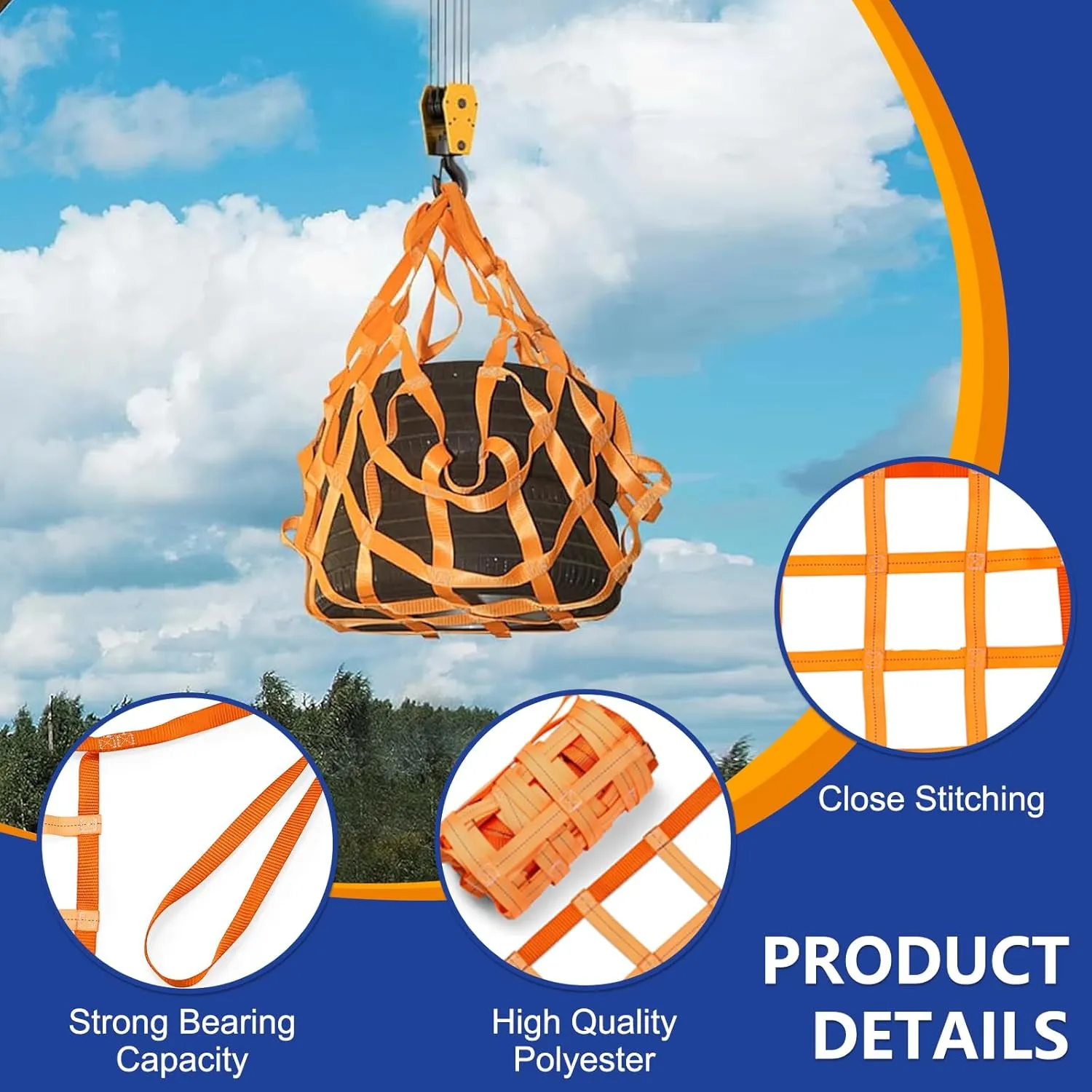 Safety Lifting Straps, Flat Nylon Sling Hoisting Net - 3.3' x 3.3'ft Cargo Lifting Nets, 1100lbs Load Capacity for Construction Rigging & Moving