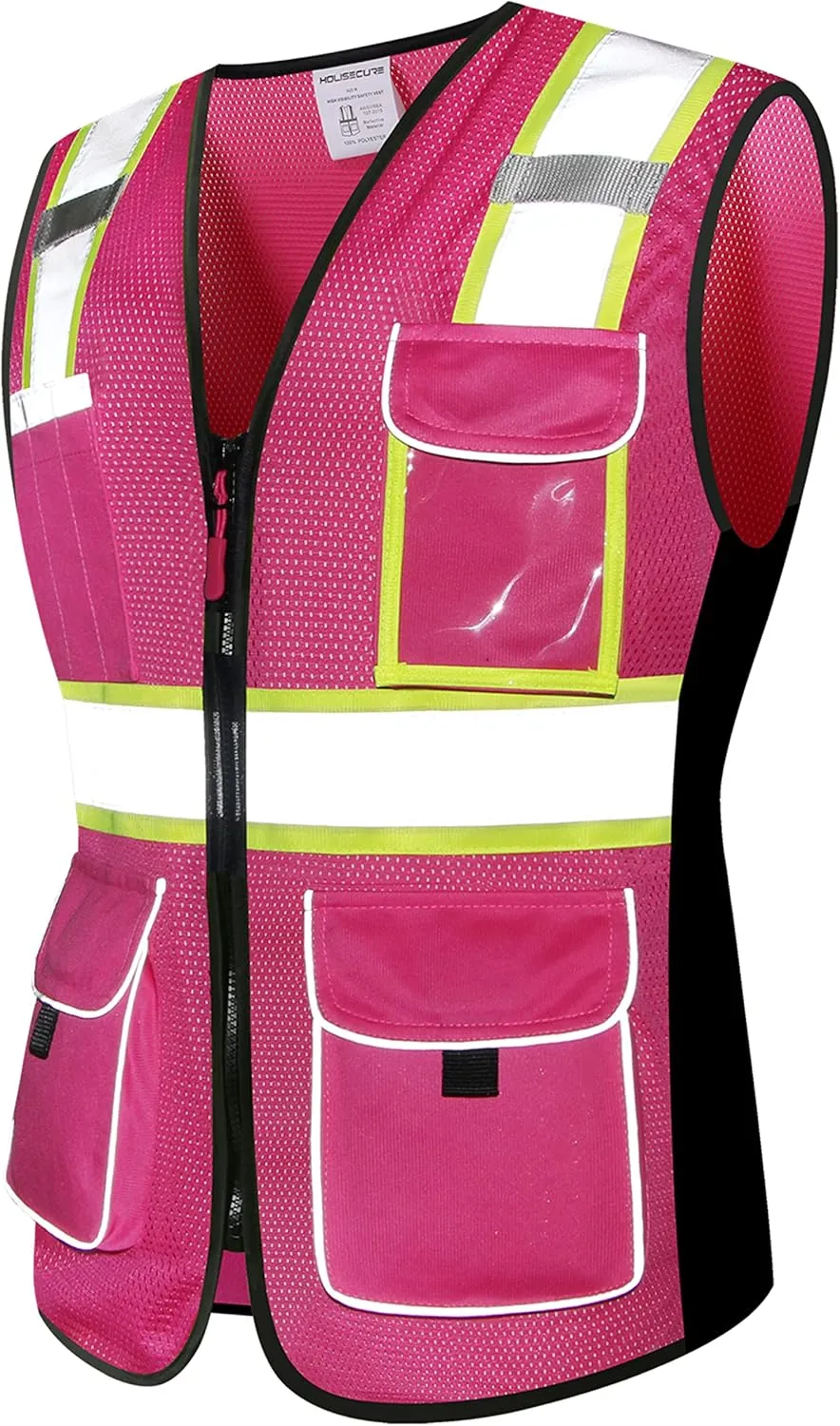 Safety Vest for women, Hi vis Reflective Lady Work vest With 9 Multi Pocket And Zipper