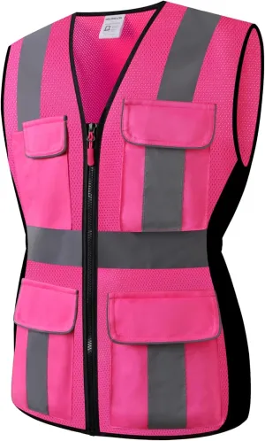 Safety Vest for women, Hi vis Reflective Lady Work vest With 9 Multi Pocket And Zipper