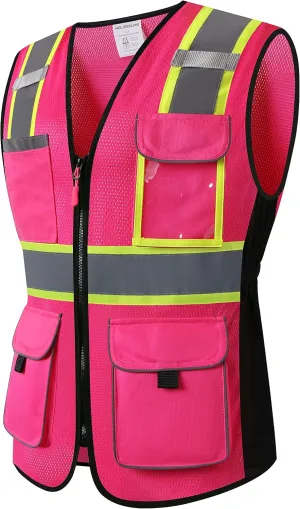 Safety Vest for women, Hi vis Reflective Lady Work vest With 9 Multi Pocket And Zipper