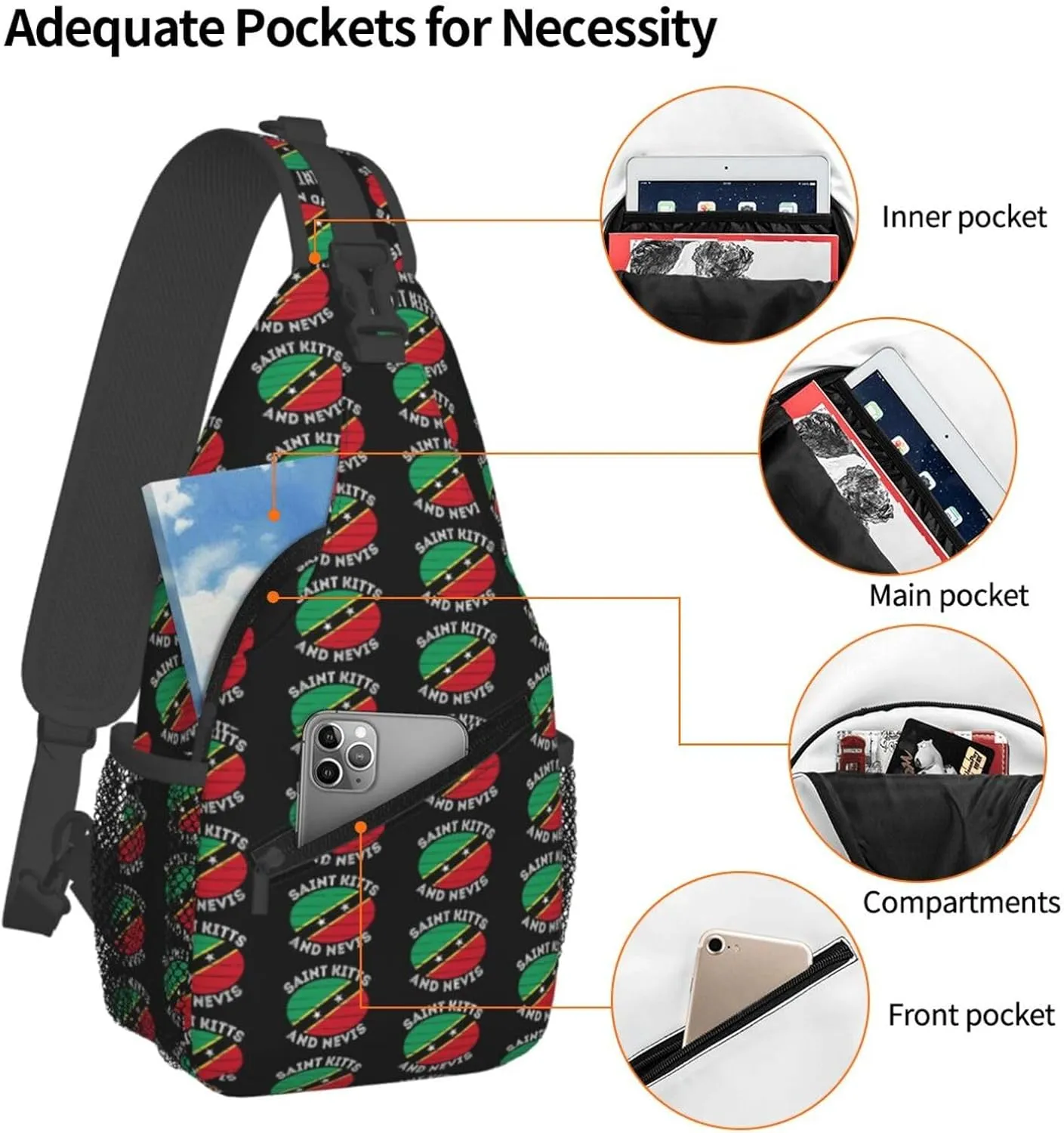 Saint Kitts And Nevis Roots Flag Chest Sling Bag Crossbody Shoulder Backpack Bag Gym Cycling Daypack Travel Hiking Cross Bag