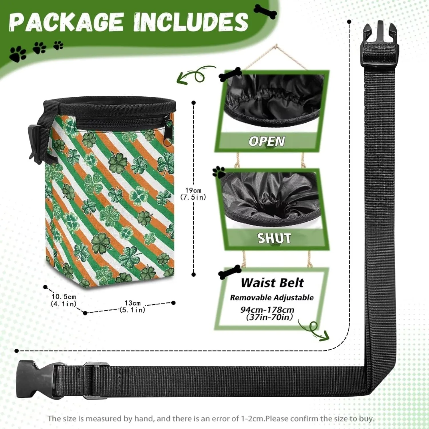 Saint Patrick's Day Prints Dog Treat Bags Training Pouch Hands-Free Pet Treat Bag with Waist Belt Shoulder Strap Dog Treat Carrier for Pet Training Walking