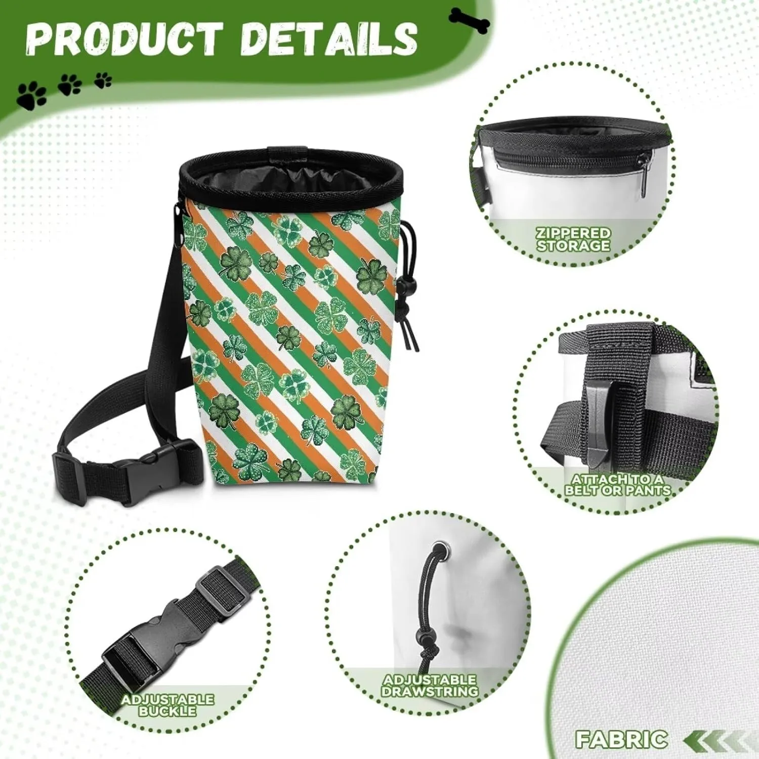 Saint Patrick's Day Prints Dog Treat Bags Training Pouch Hands-Free Pet Treat Bag with Waist Belt Shoulder Strap Dog Treat Carrier for Pet Training Walking