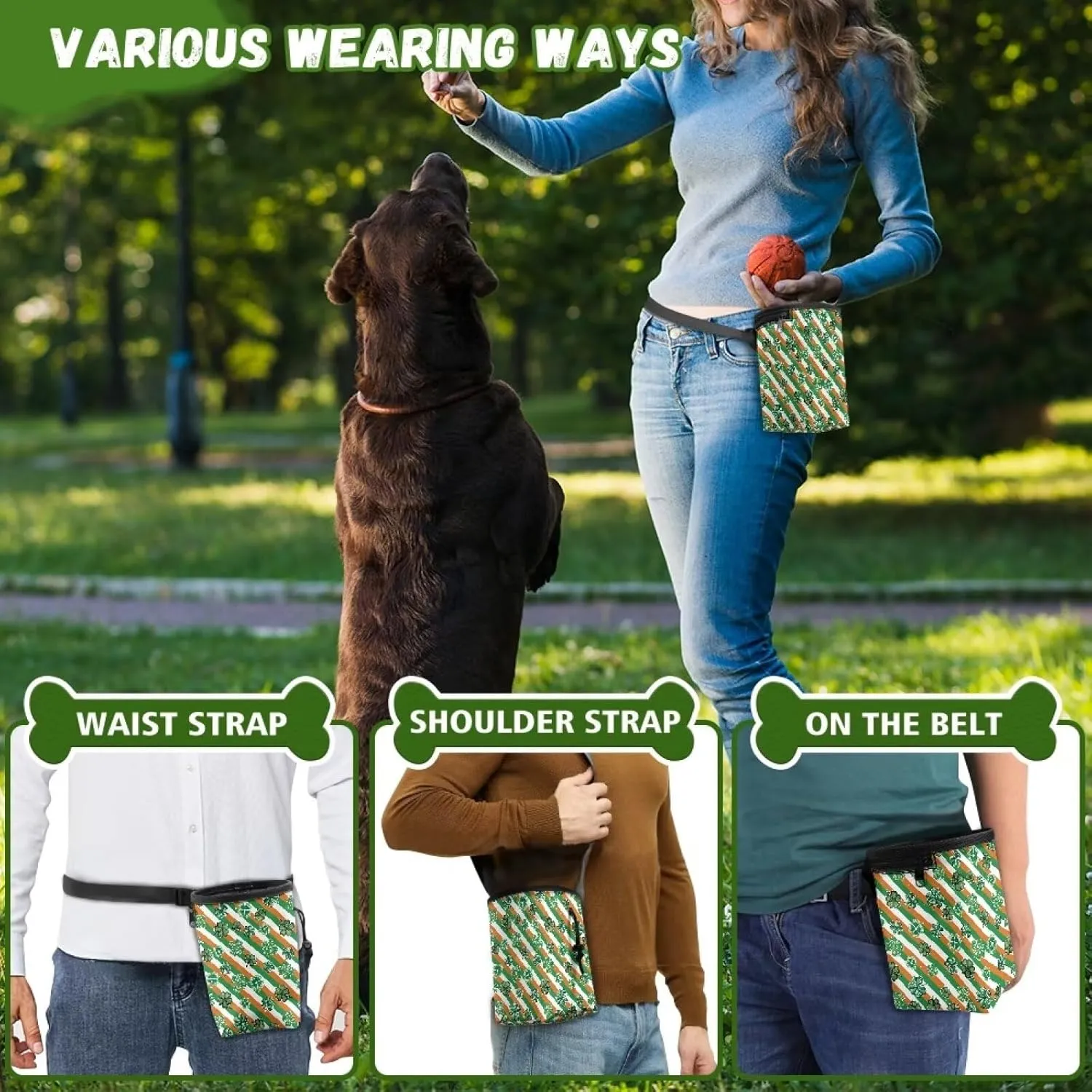 Saint Patrick's Day Prints Dog Treat Bags Training Pouch Hands-Free Pet Treat Bag with Waist Belt Shoulder Strap Dog Treat Carrier for Pet Training Walking