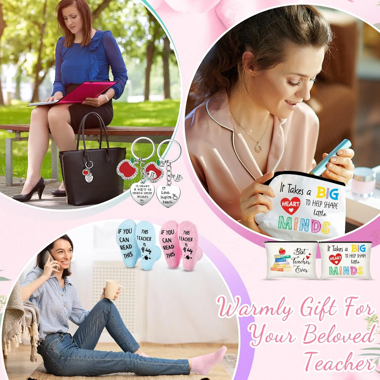 Saintrygo 6 Pieces Teacher Appreciation Gift Set for Women 2 Pcs Teacher Cosmetic Makeup Bags 2 Pairs Novelty Cozy Fuzzy Socks and 2 Pcs Keychain(White,Best Teacher Ever)