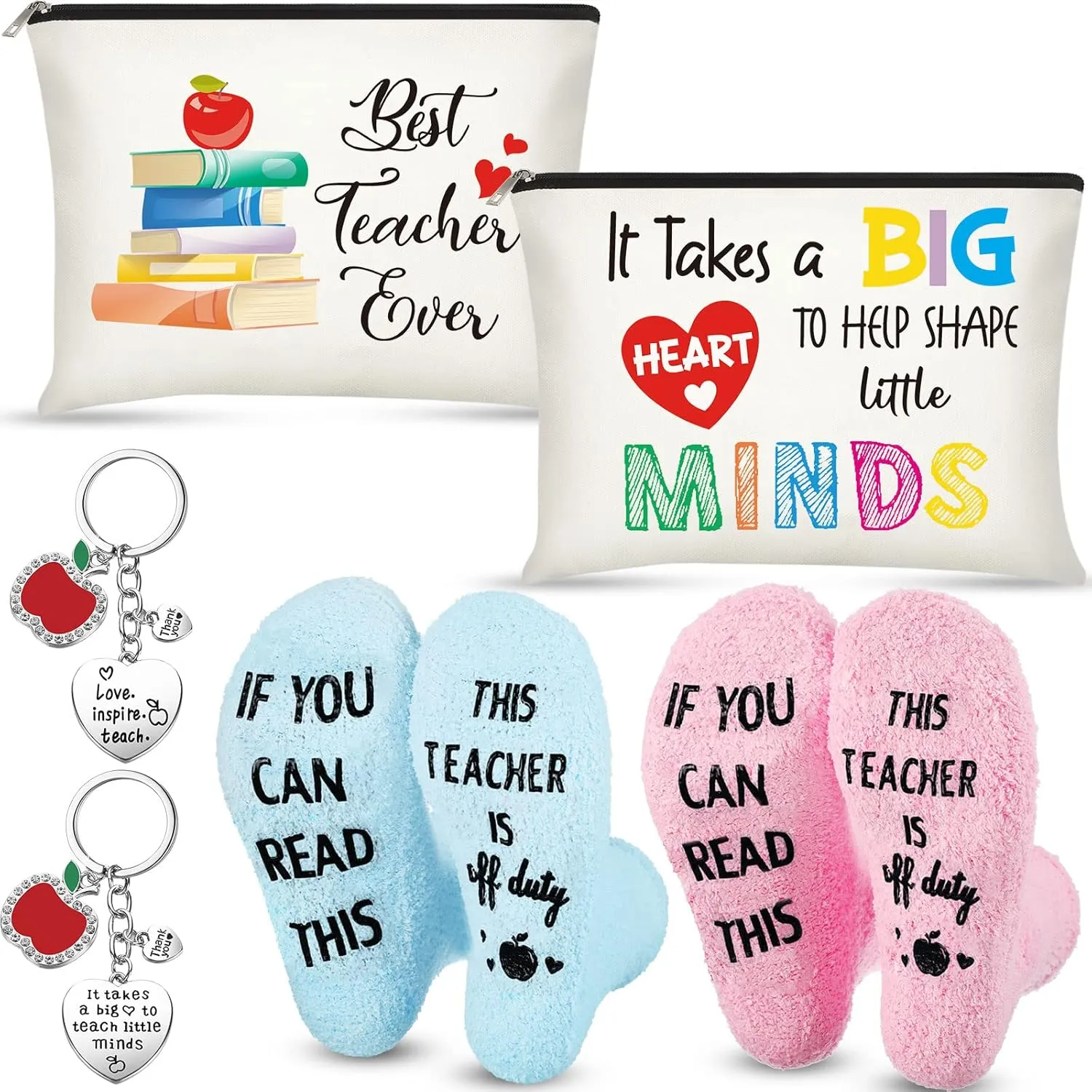 Saintrygo 6 Pieces Teacher Appreciation Gift Set for Women 2 Pcs Teacher Cosmetic Makeup Bags 2 Pairs Novelty Cozy Fuzzy Socks and 2 Pcs Keychain(White,Best Teacher Ever)
