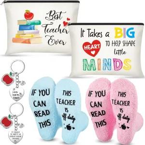 Saintrygo 6 Pieces Teacher Appreciation Gift Set for Women 2 Pcs Teacher Cosmetic Makeup Bags 2 Pairs Novelty Cozy Fuzzy Socks and 2 Pcs Keychain(White,Best Teacher Ever)