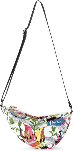 Sakroots Tess Sling in Eco-Twill, Adjustable Crossbody Strap, White Peace Print