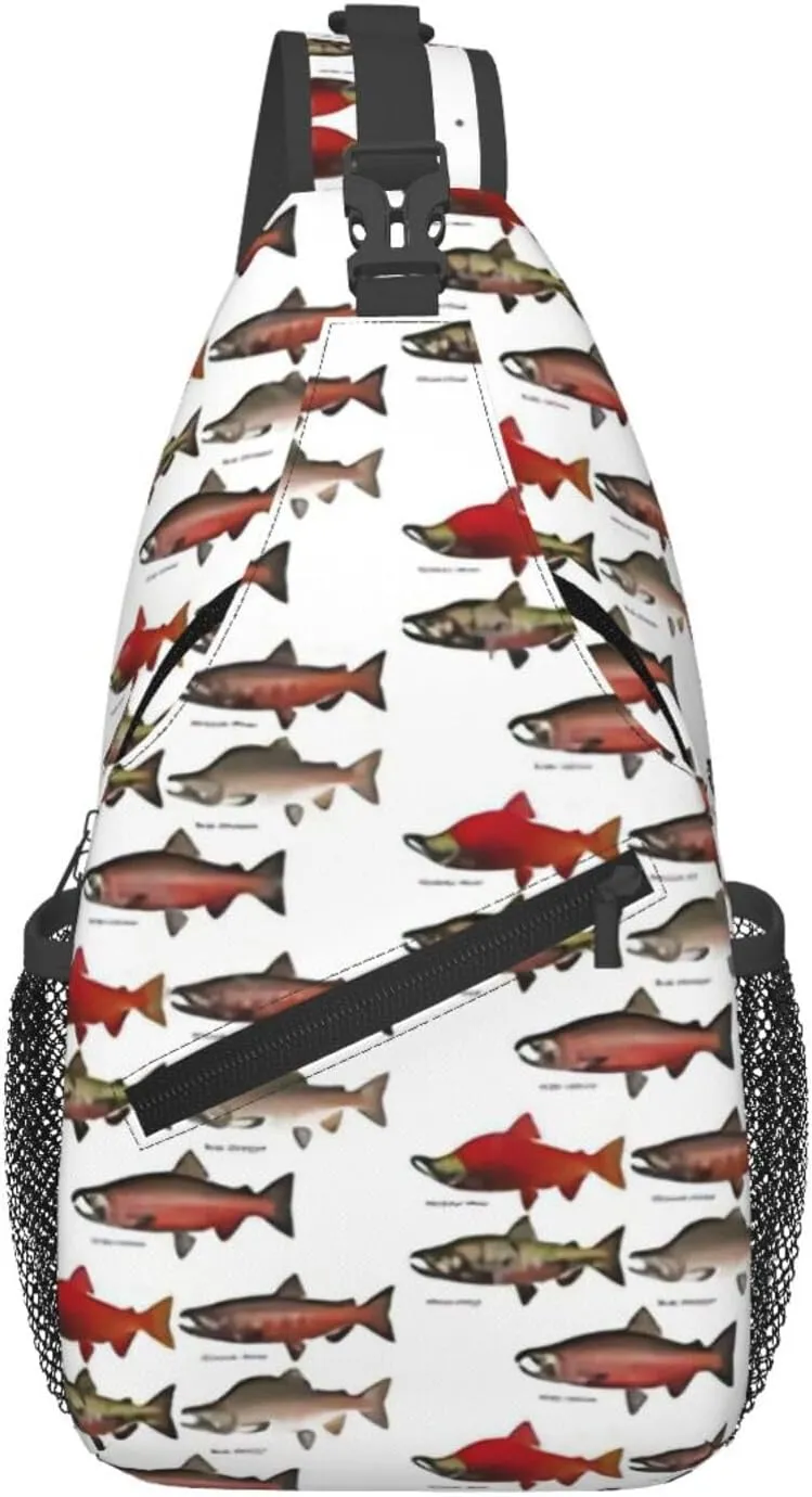 Salmon Print Sling Bag Crossbody Backpack For Women Men Hiking Travel Over The Shoulder Multipurpose Bag
