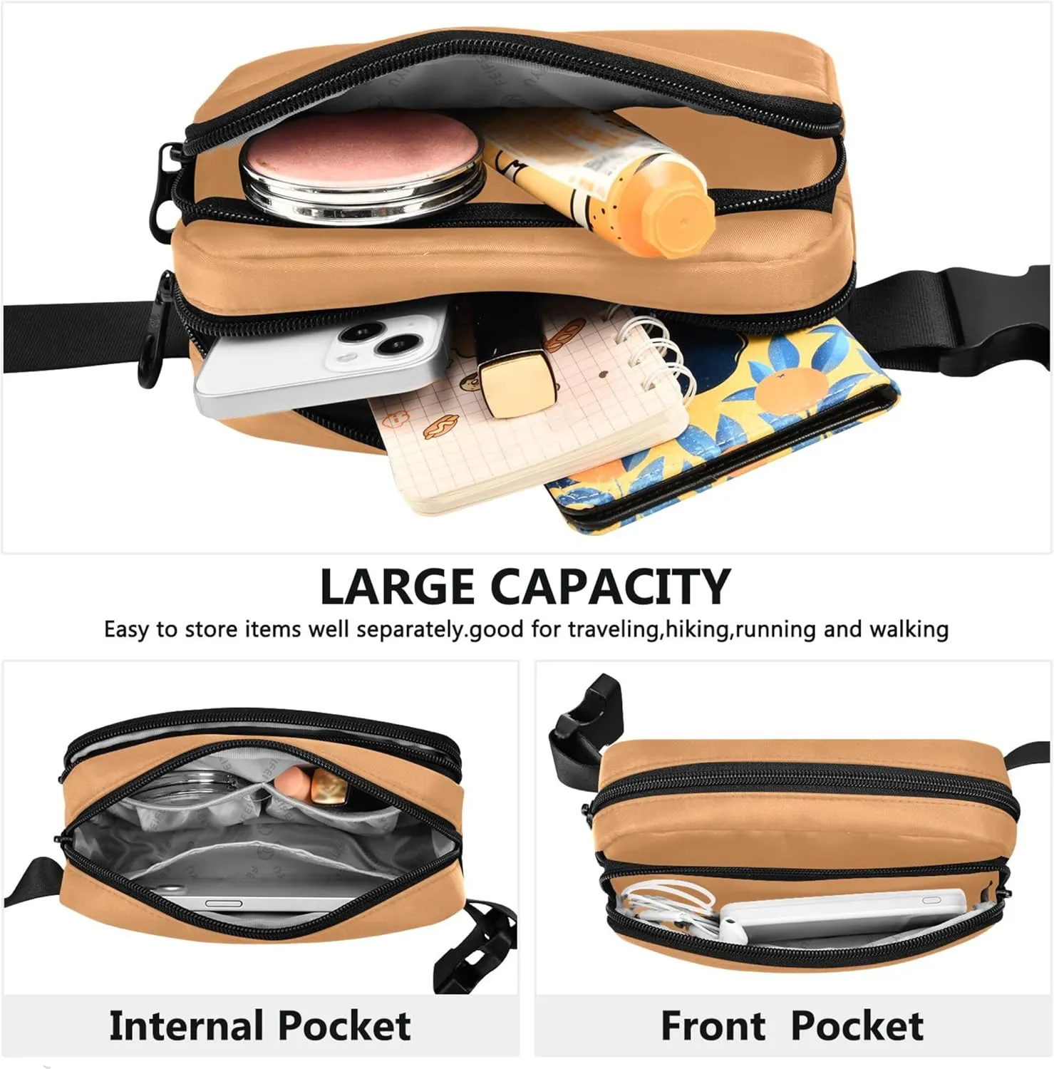 Sand Brown Women Fanny Packs Large Hip Belt Bag Waterproof Bright Color Crossbody Waist Bag