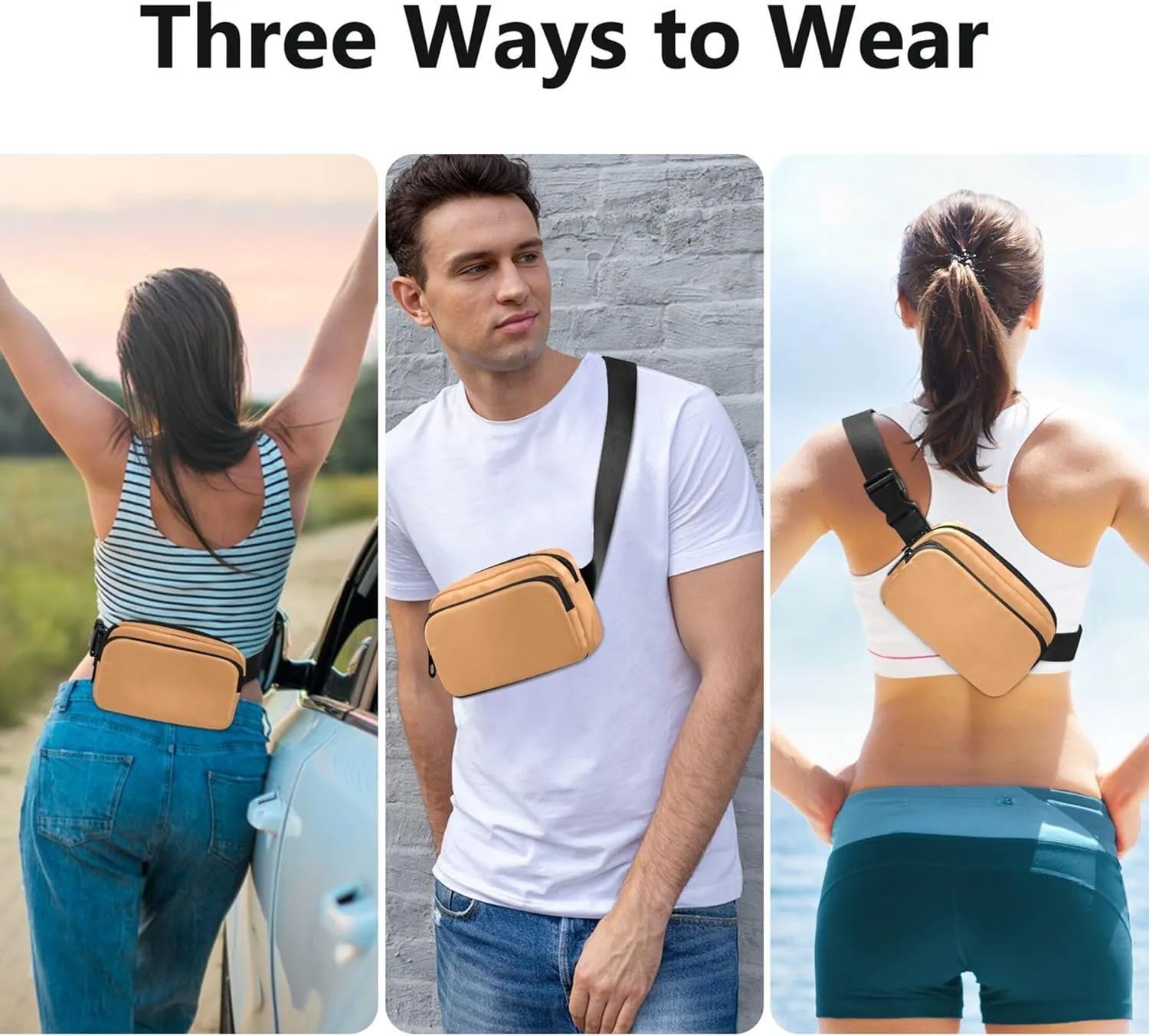 Sand Brown Women Fanny Packs Large Hip Belt Bag Waterproof Bright Color Crossbody Waist Bag