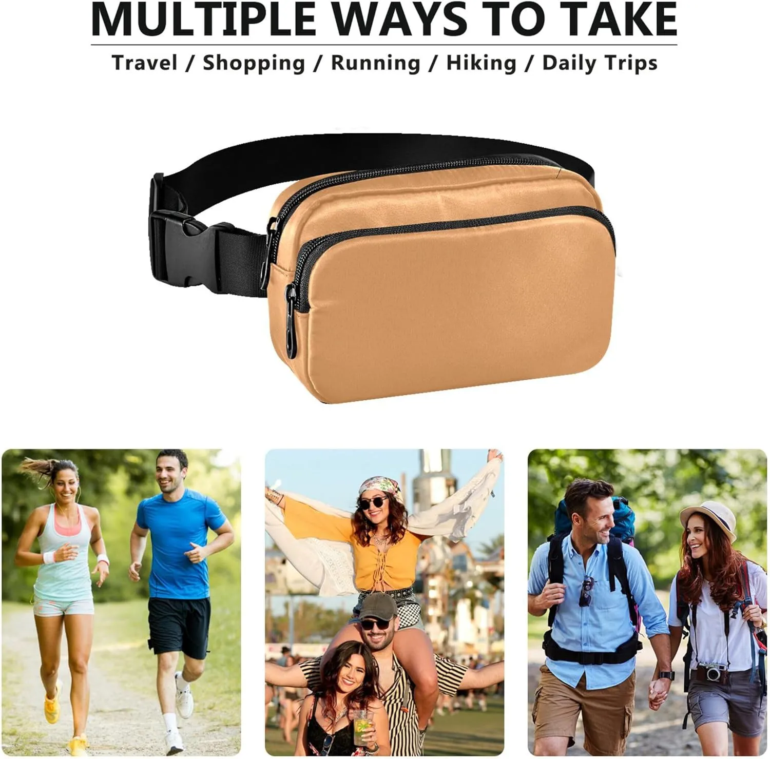 Sand Brown Women Fanny Packs Large Hip Belt Bag Waterproof Bright Color Crossbody Waist Bag