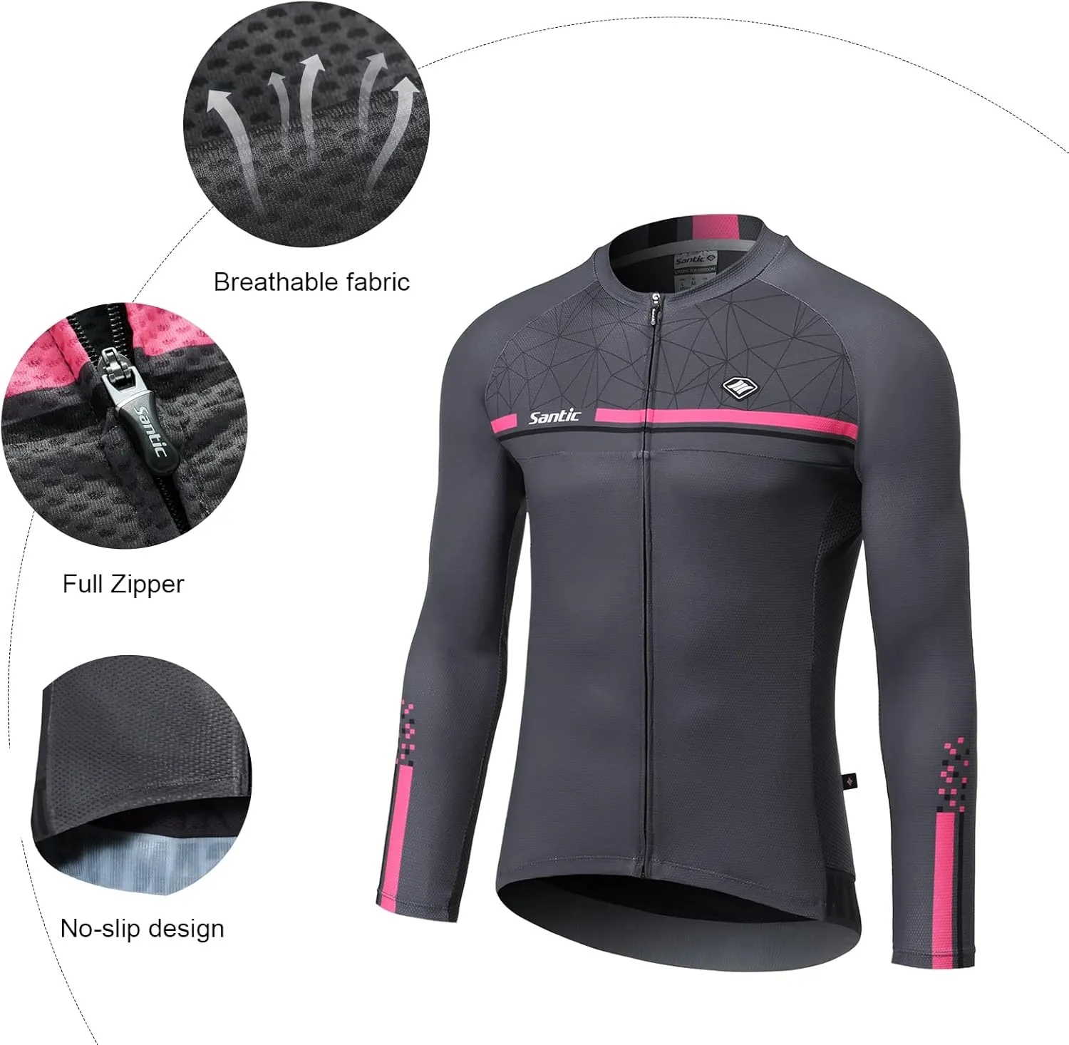Santic Cycling Jersey Men's Long Sleeve Bike Reflective Full Zip Bicycle Shirts with Pockets